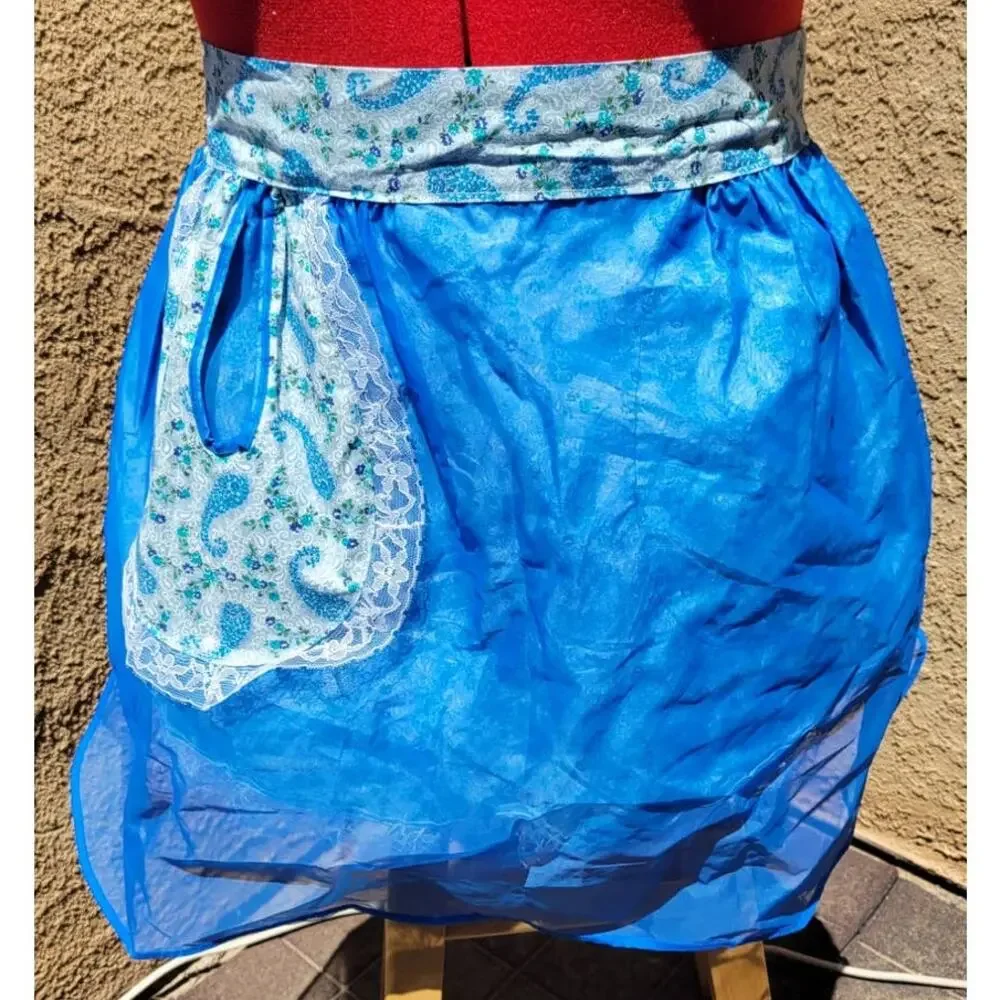 Vintage Reversible Chiffon Cotton Half Apron Blue Paisley Flowers MCM Hostess